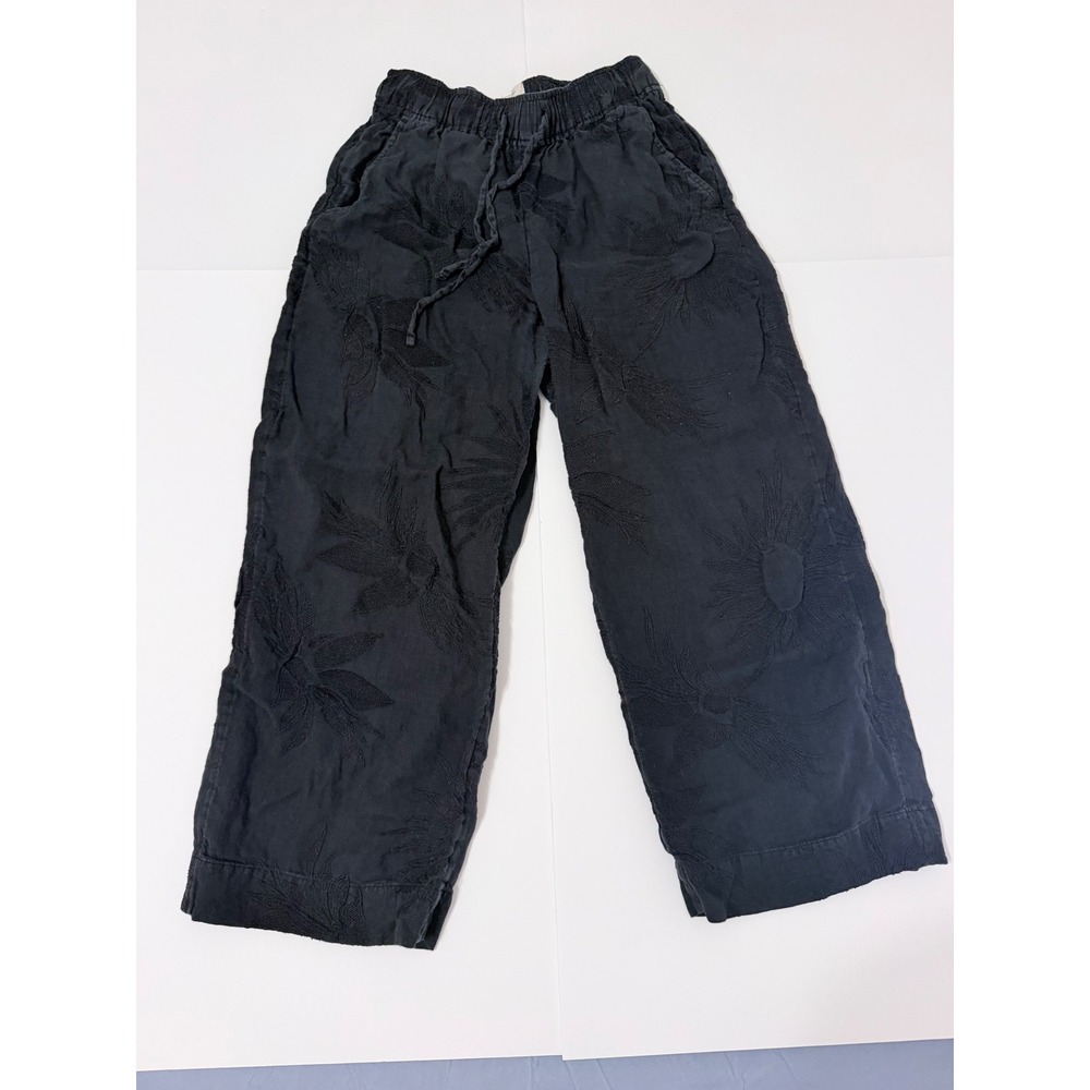 Joie Black 100% Linen Embroidered Wide Leg Crop Pants Small Drawstring Elastic